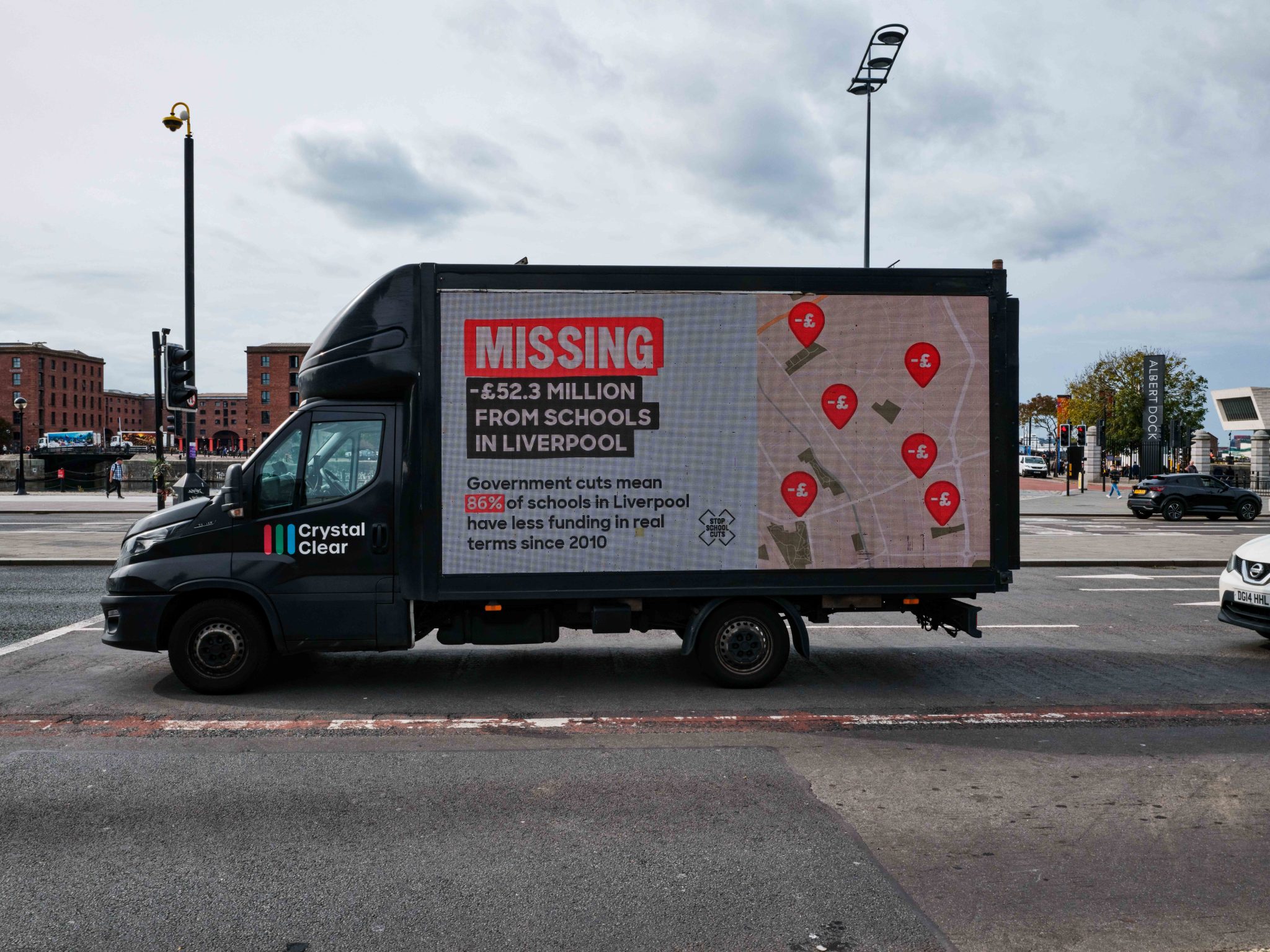 Photo of one of our ad vans driving the streets of Liverpool. 