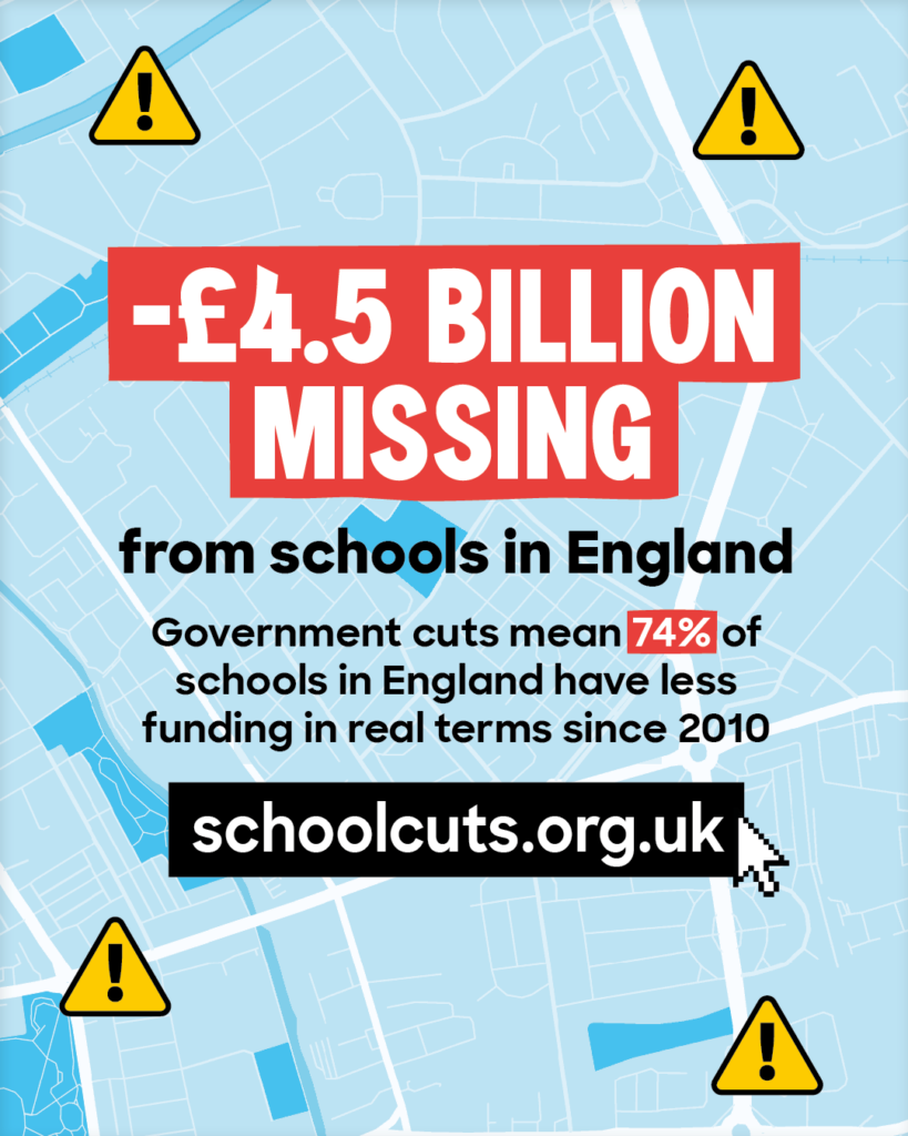 Graphic with a blue map behind it and yellow exclamation mark signs in each corner. The text reads: '£4.5 billion missing from schools in England. Government cuts mean 74% of schools in England have less funding in real terms since 2010.' Below that is a cursor arrow clicking on a website link: 'schoolcuts.org.uk'.